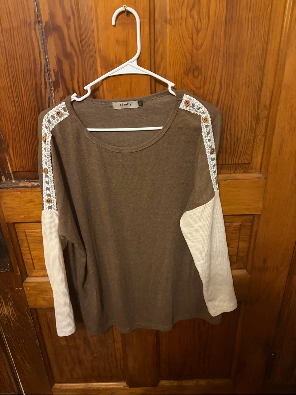 Ever Pretty Brown and Cream Lace-Accent Long Sleeve Tee